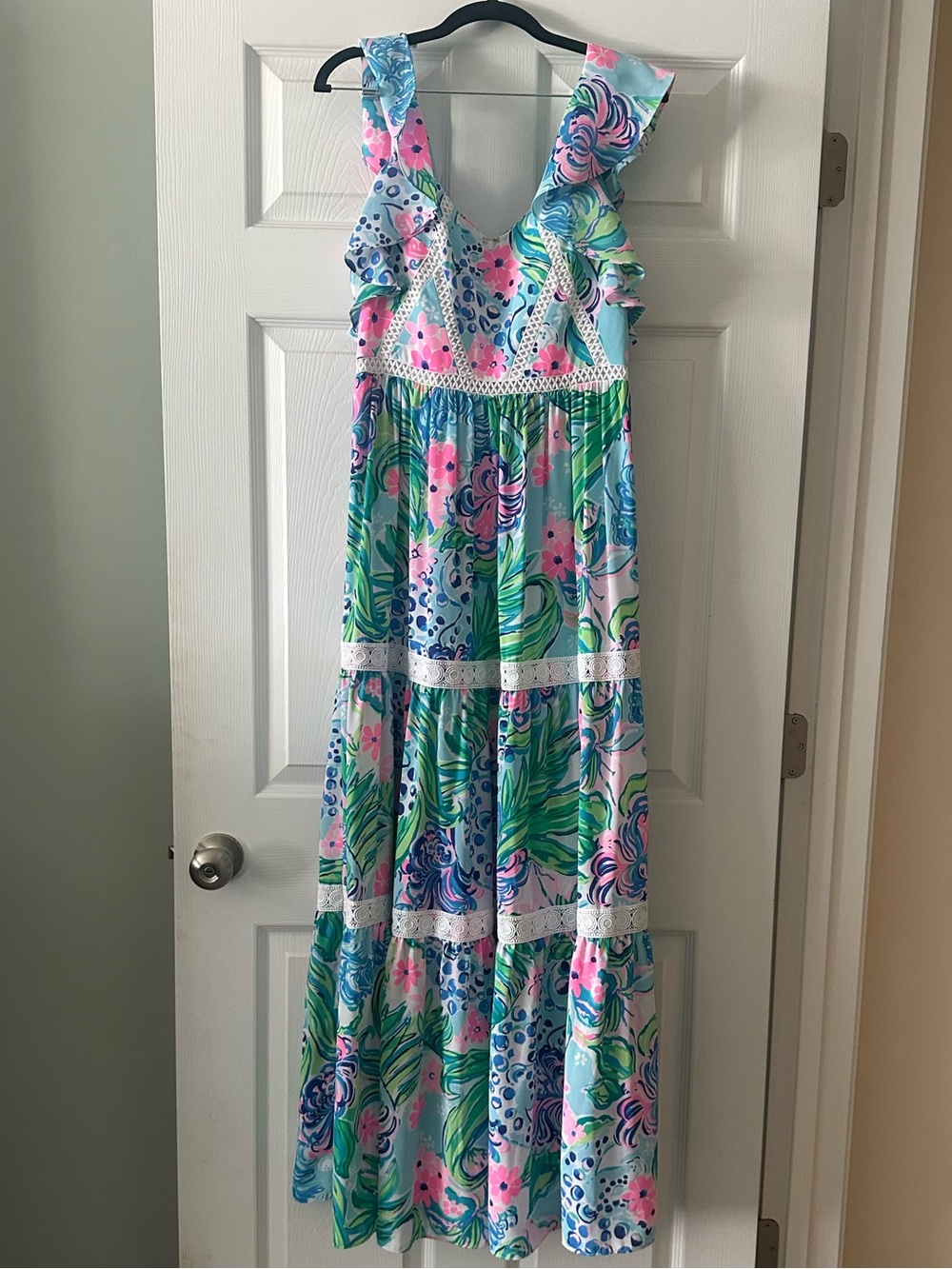 Lilly Pulitzer Aqua, Pink & Green Floral Ruffle Maxi Dress